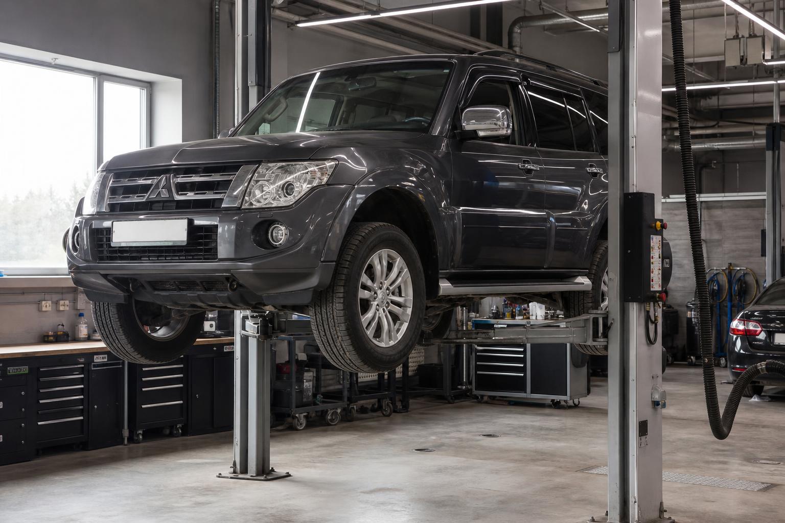 Автомобиль Mitsubishi Pajero 4 на сервисной станции во время планового ТО