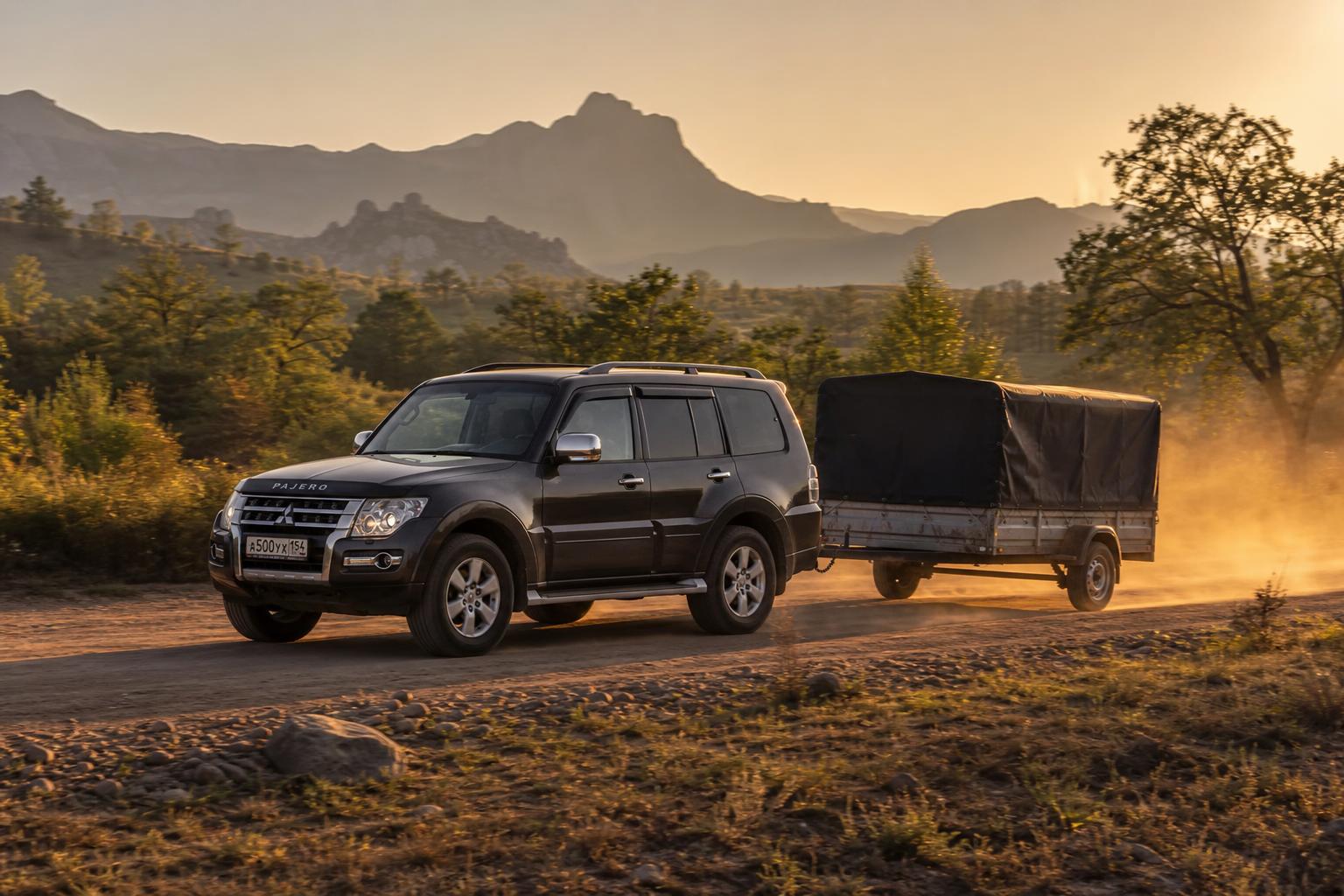 Mitsubishi Pajero 4 буксирует прицеп по грунтовой дороге
