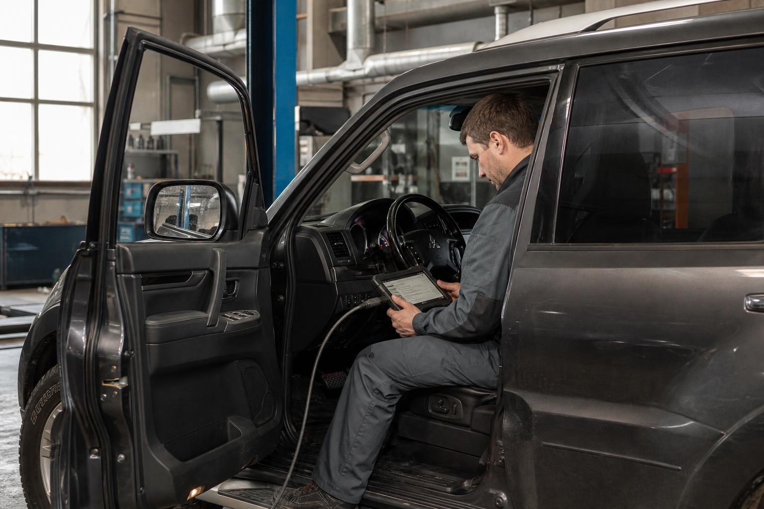 Диагностика Mitsubishi Pajero с подключенным сканером OBD2