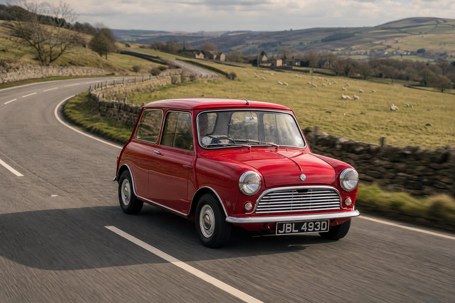Классический Mini Cooper на дороге в Великобритании