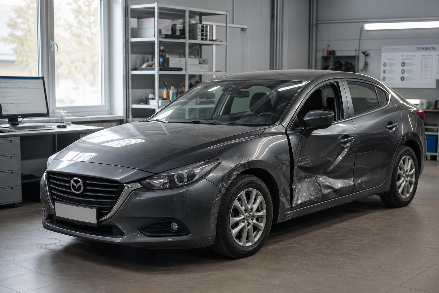Автомобиль Mazda с повреждением кузова на фотографии для дистанционной оценки